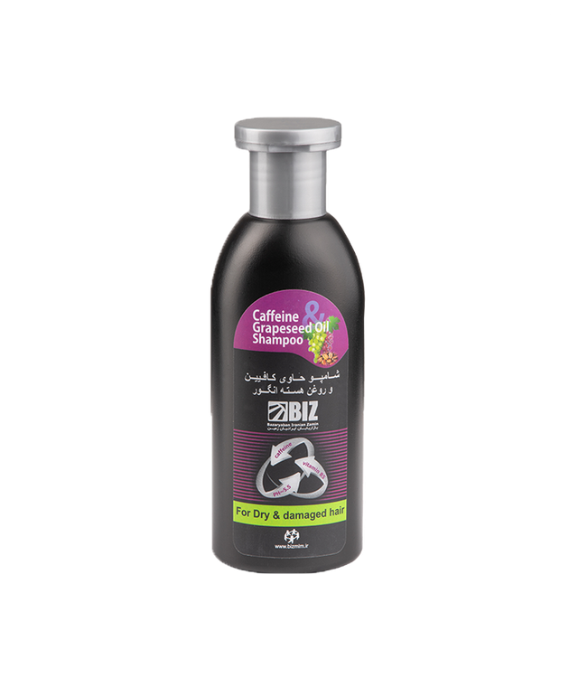 شامپو حاوی کافئین و روغن هسته انگور BIZ برای موهای خشک و آسیبدیده حاوی ویتامین B5 تنظیم PH مناسب پوست گردن به بالا (PH∼5.5) تثبیت کننده رنگ مو افزایش رطوبت ریشه مو جلوگیری از ریزش با افزایش گردش خون حاوی 300 میلیلیتر شامپو کافئین و روغن هستۀ انگور